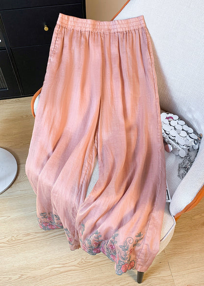 Pink Embroidered Elastic Waist Linen Wide Leg Pants Summer