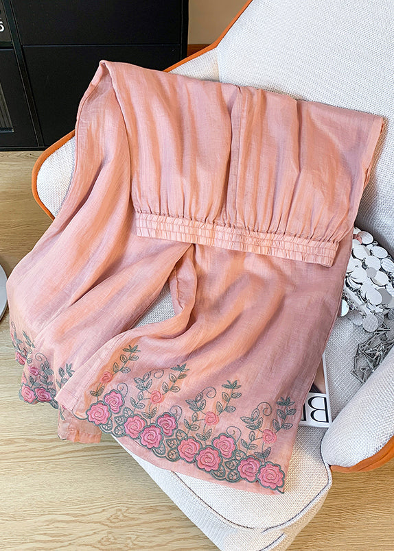 Pink Embroidered Elastic Waist Linen Wide Leg Pants Summer