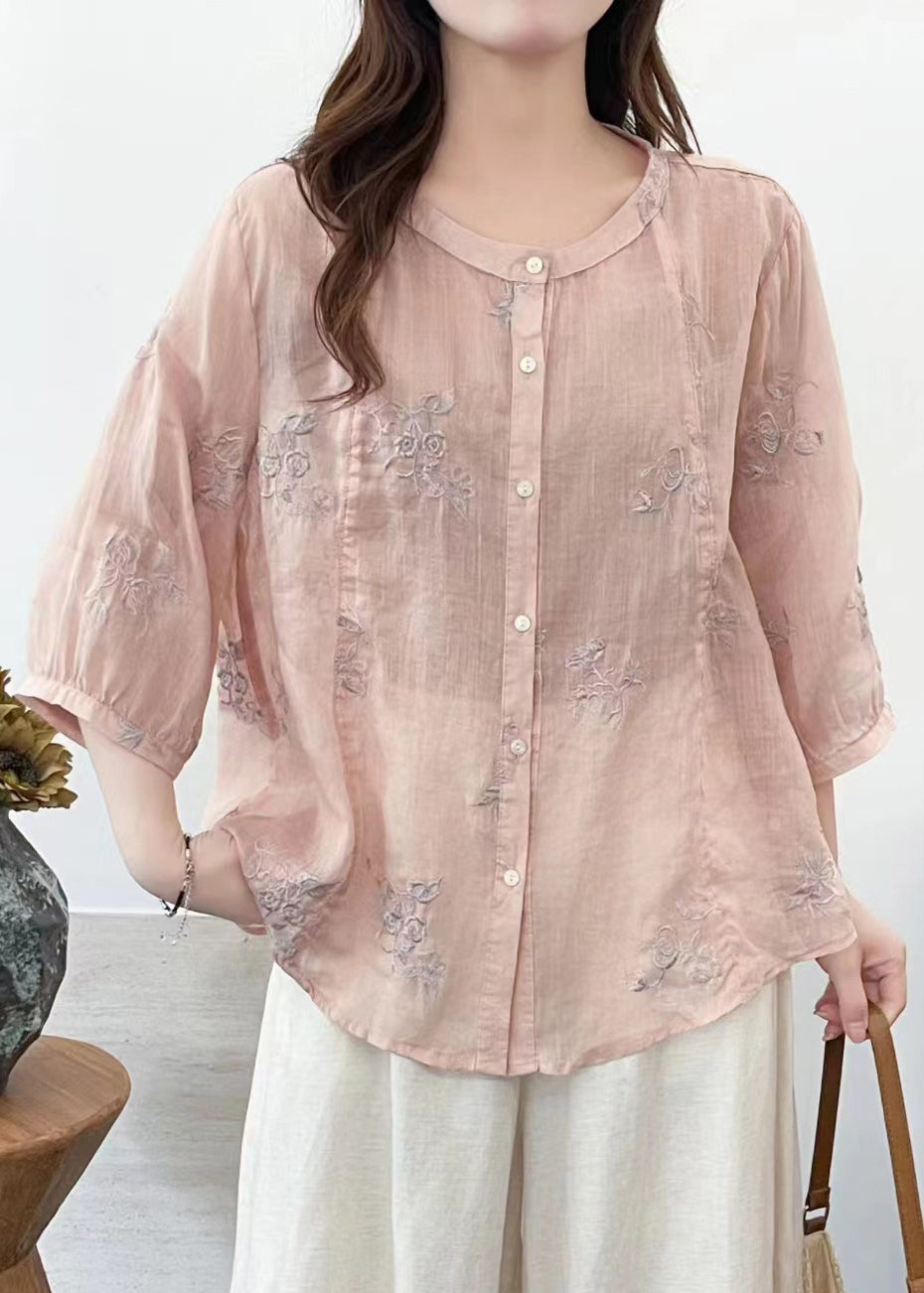 Pink Embroidered Linen Loose Shirt Half Sleeve