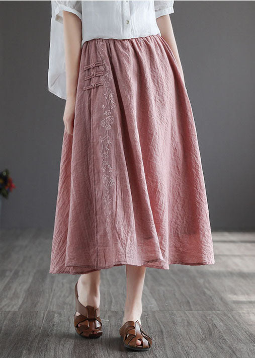 Pink Embroideried Chinese Button Linen Skirts Spring