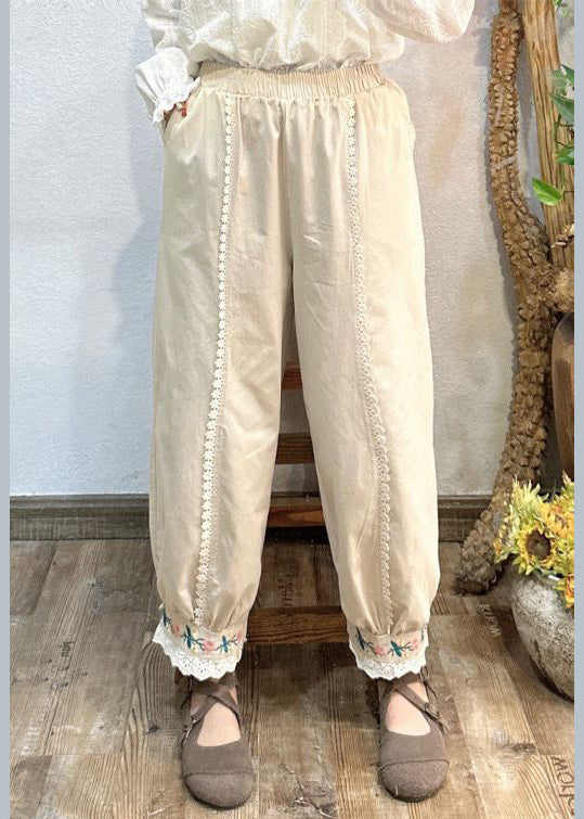 Pink Embroideried Pockets Elastic Waist Cotton Crop Pants Spring