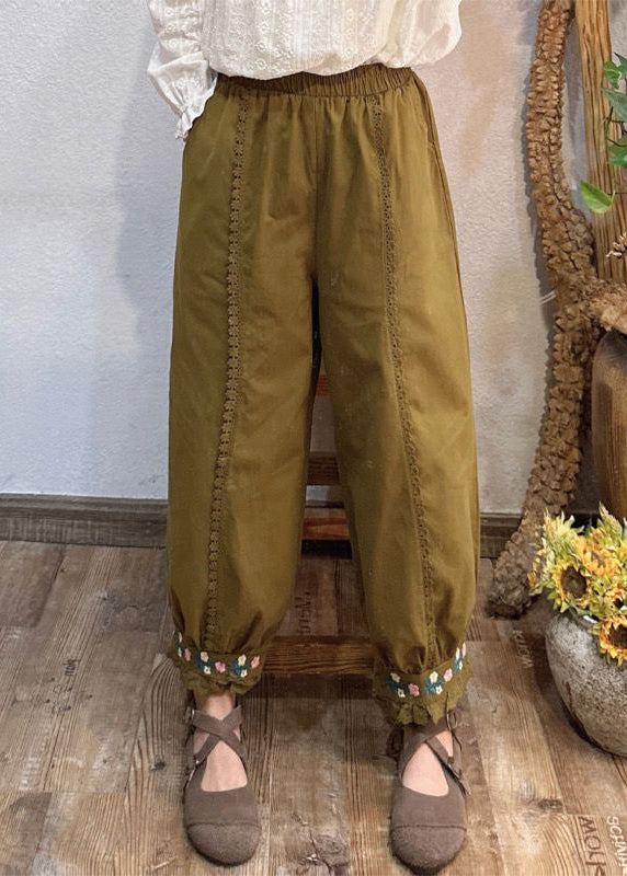 Pink Embroideried Pockets Elastic Waist Cotton Crop Pants Spring