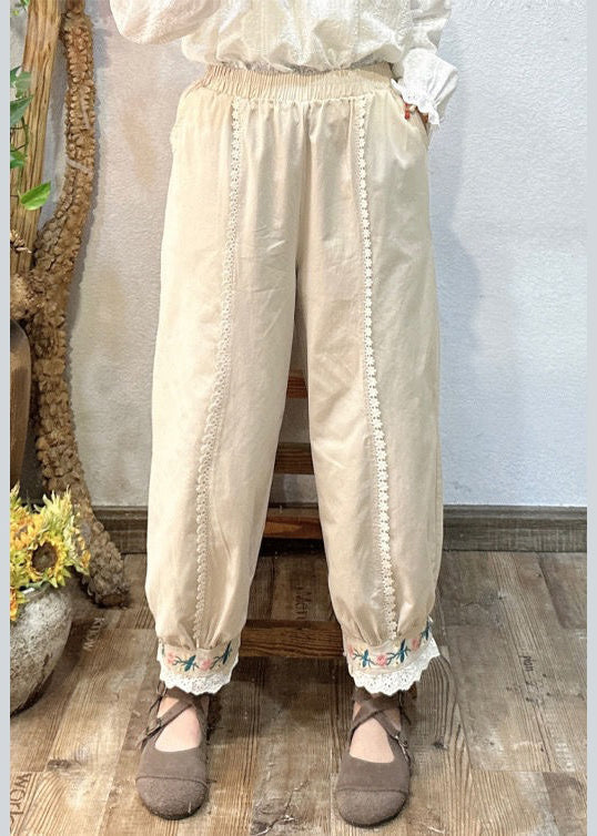 Pink Embroideried Pockets Elastic Waist Cotton Crop Pants Spring