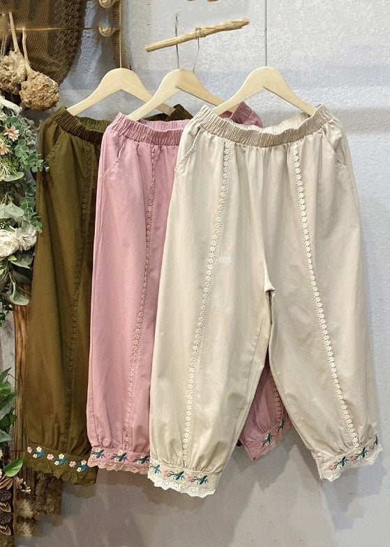 Pink Embroideried Pockets Elastic Waist Cotton Crop Pants Spring
