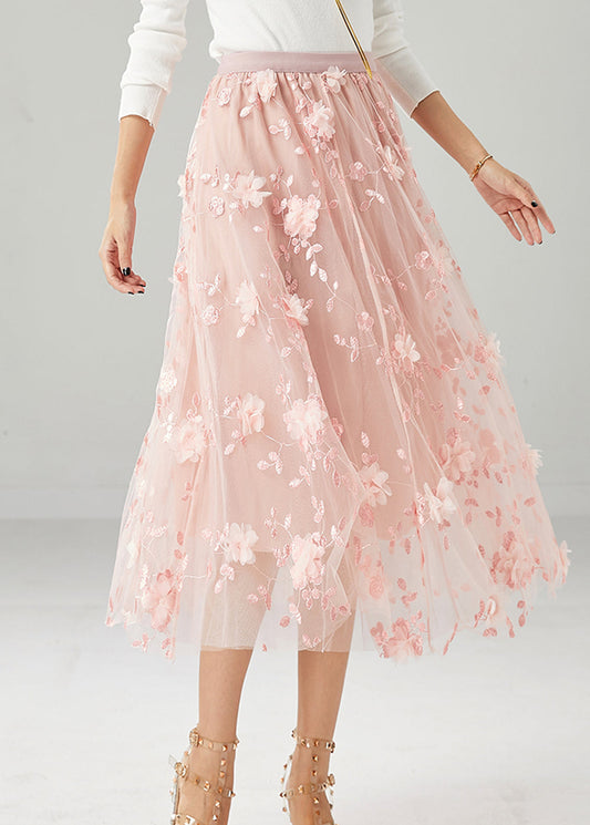 Pink Embroideried Stereoscopic Tulle Skirt Fall