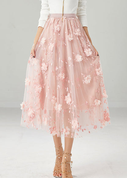 Pink Embroideried Stereoscopic Tulle Skirt Fall