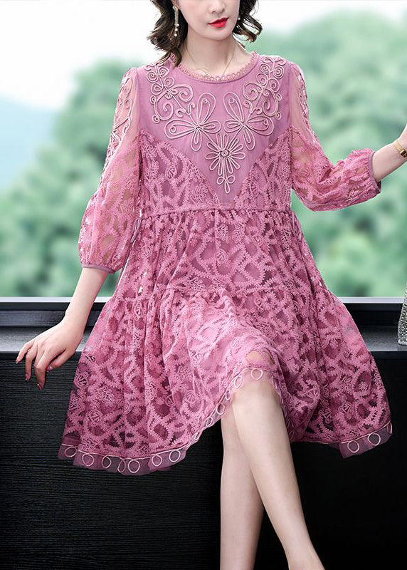 Pink Embroideried Tie Waist Lace Mid Dress Bracelet Sleeve