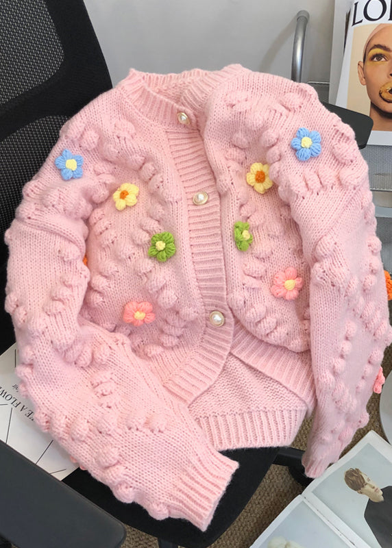 Pink Decorated Patchwork Knit Cardigans Fall