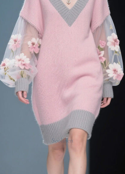 Pink Flower Patchwork Tulle Knit Sweater Dress Fall