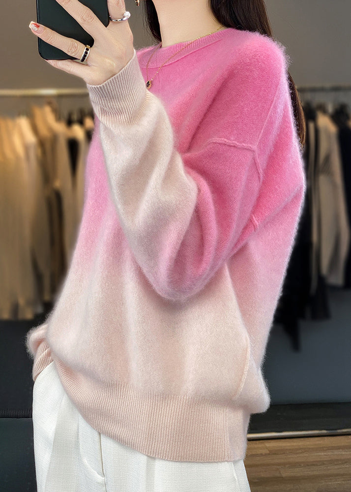 Pink Gradient Color O-neck Cozy Sweaters Long Sleeve