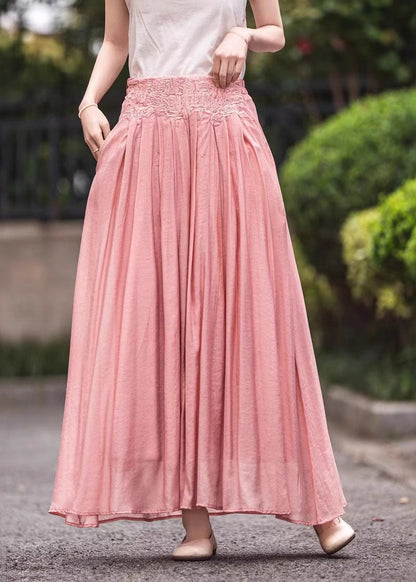 Pink High Waist Embroidered Wrinkled Linen Skirts Summer