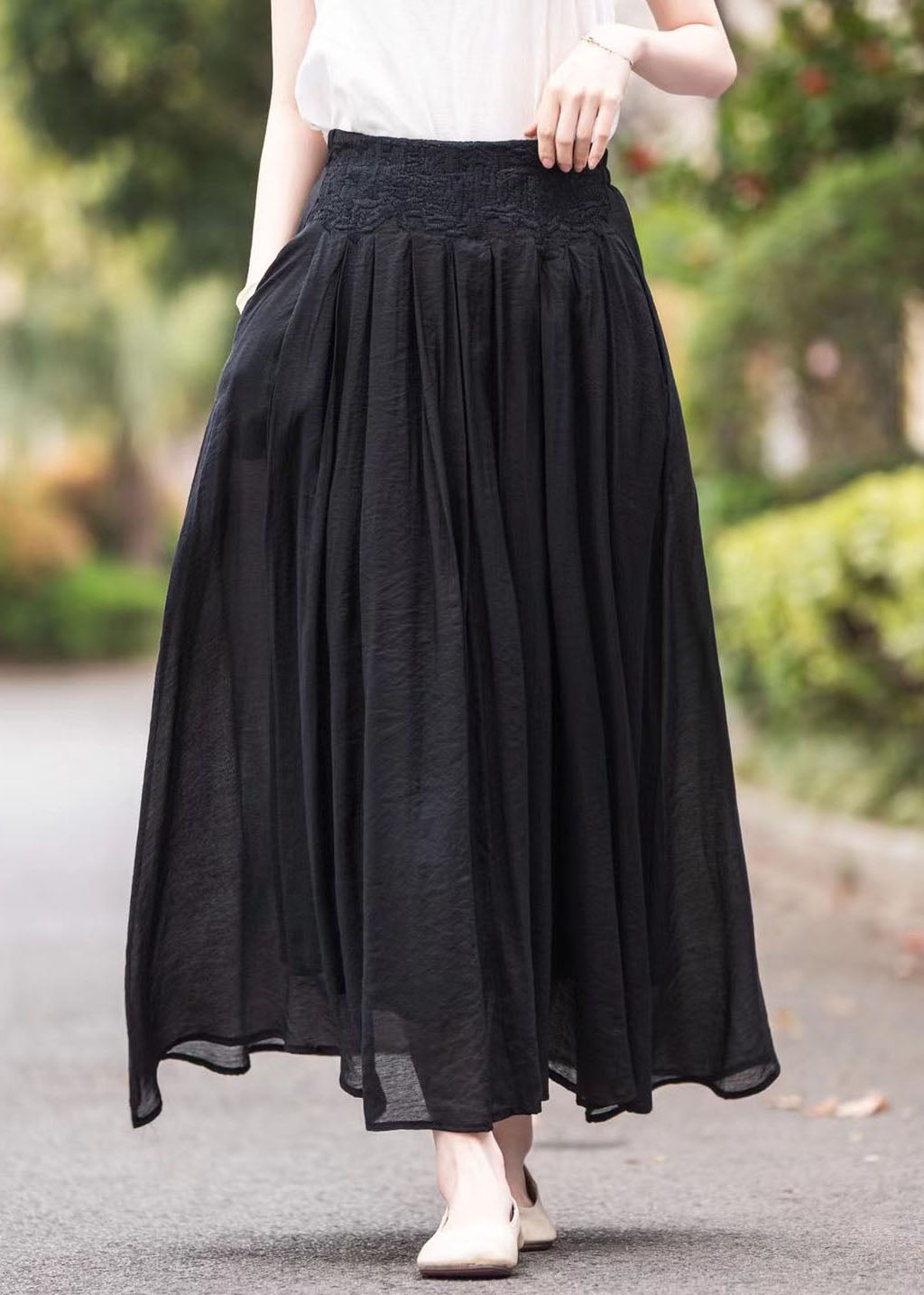 Pink High Waist Embroidered Wrinkled Linen Skirts Summer