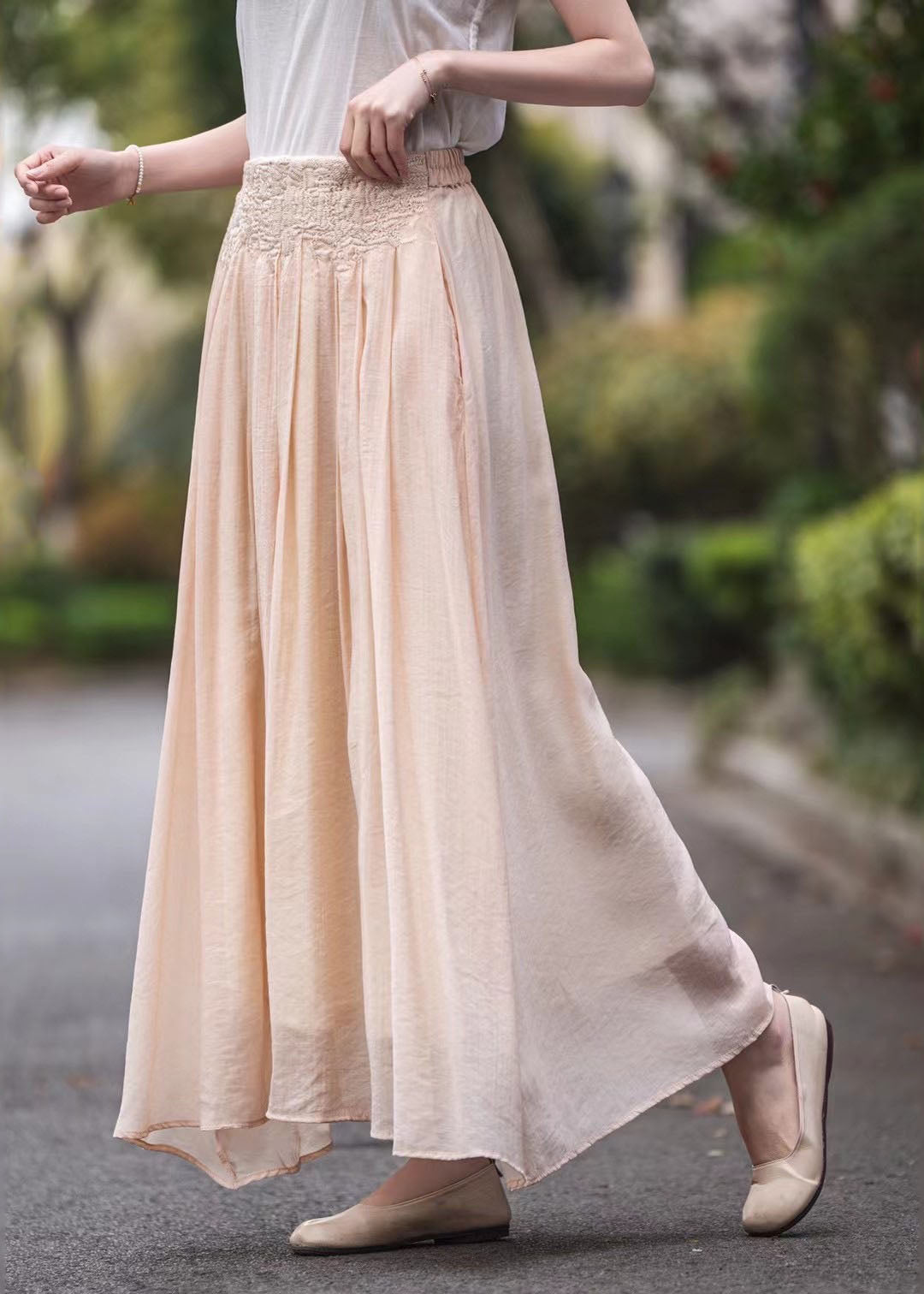 Pink High Waist Embroidered Wrinkled Linen Skirts Summer