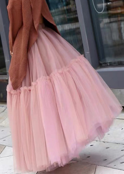 Pink High Waist Patchwork Pleated Tulle Fall Skirts