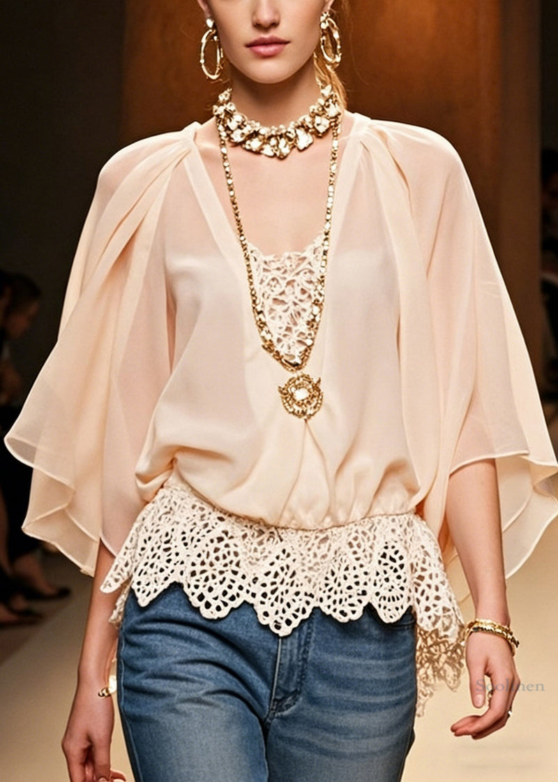 Pink Hollow Out Lace Patchwork Chiffon Shirts Batwing Sleeve
