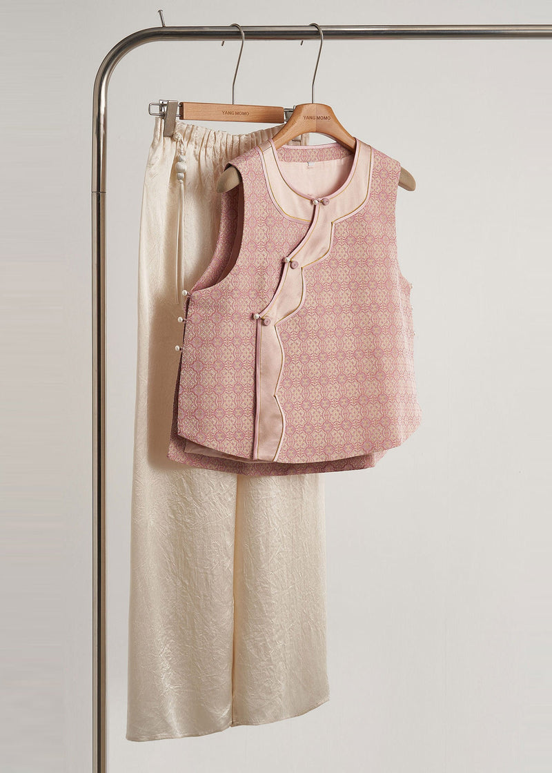 Pink Jacquard Patchwork Silk Oriental Vests Spring