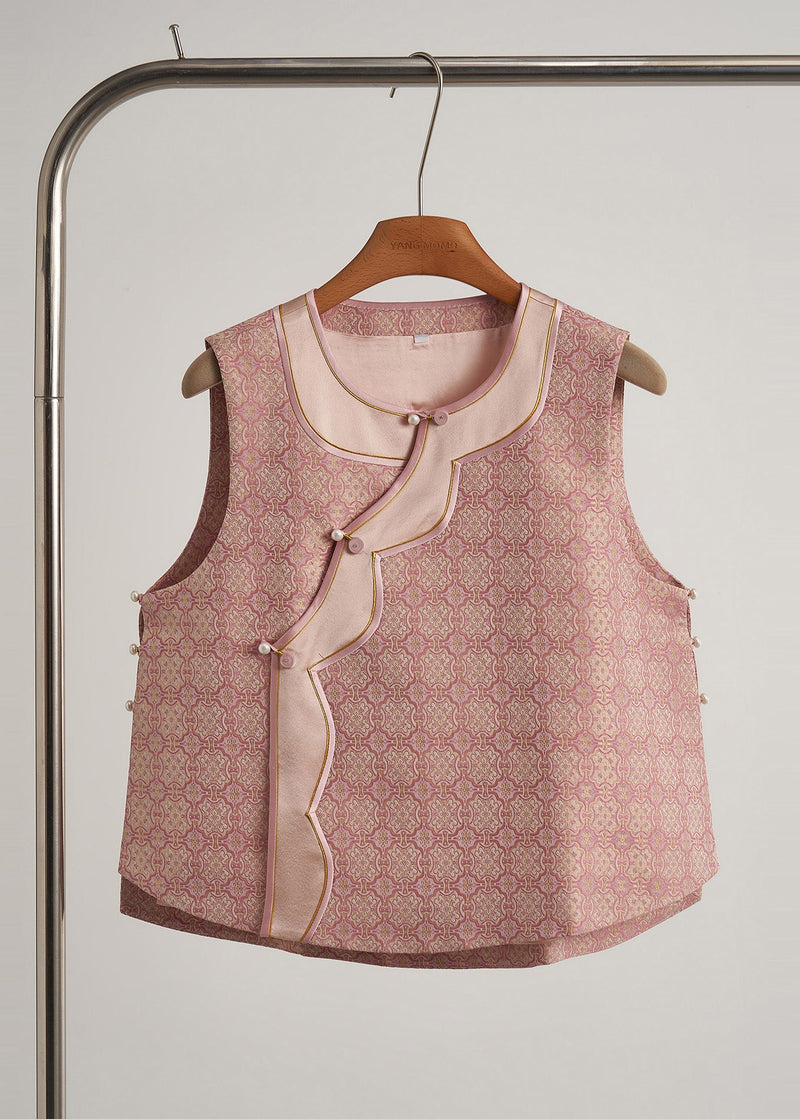 Pink Jacquard Patchwork Silk Oriental Vests Spring