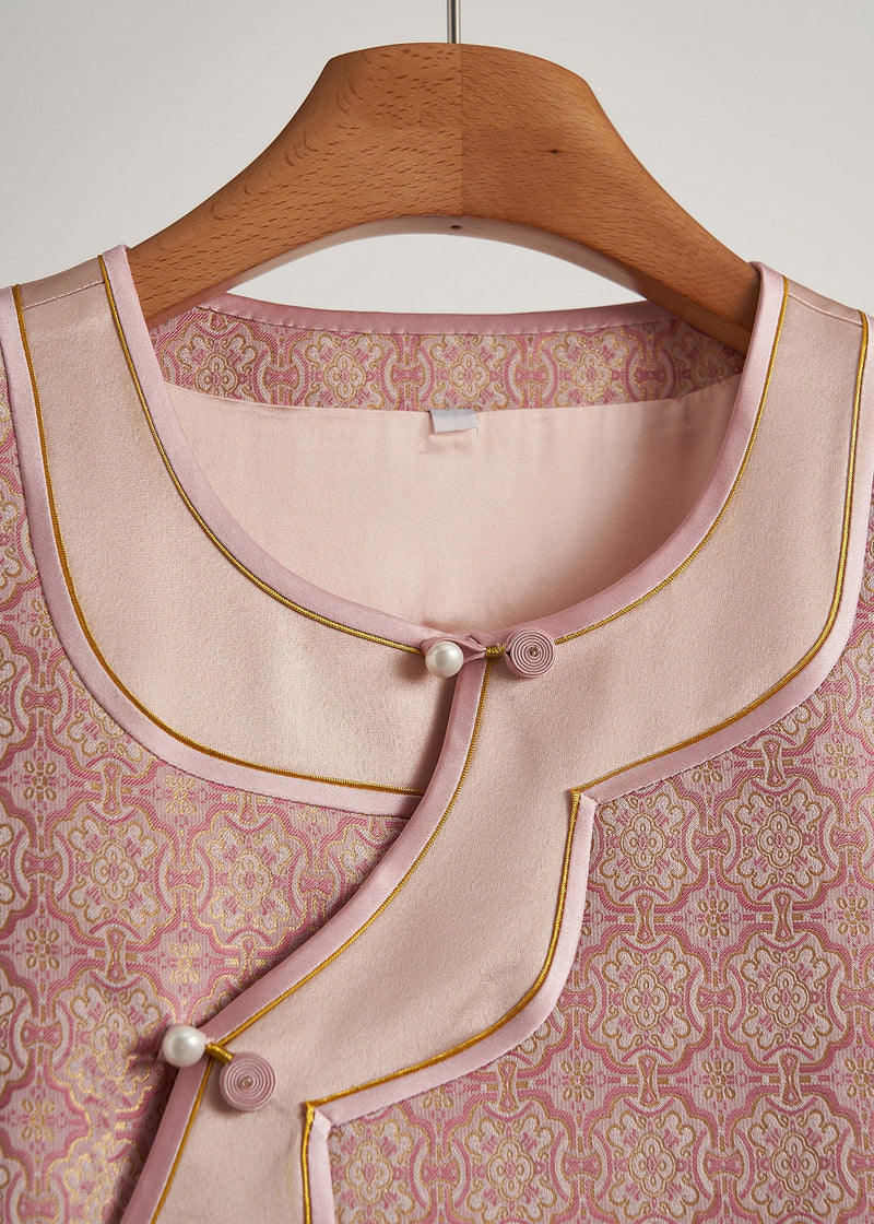 Pink Jacquard Patchwork Silk Oriental Vests Spring