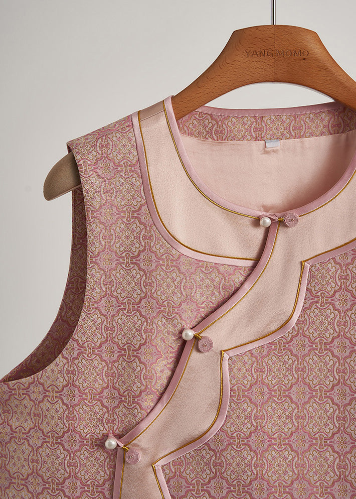 Pink Jacquard Patchwork Silk Oriental Vests Spring