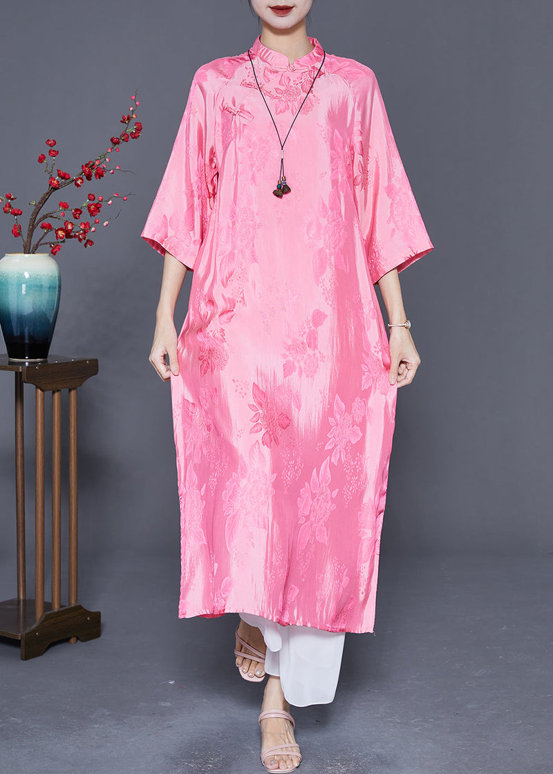 Pink Mandarin Collar Chinese Button Jacquard Silk Dress Summer