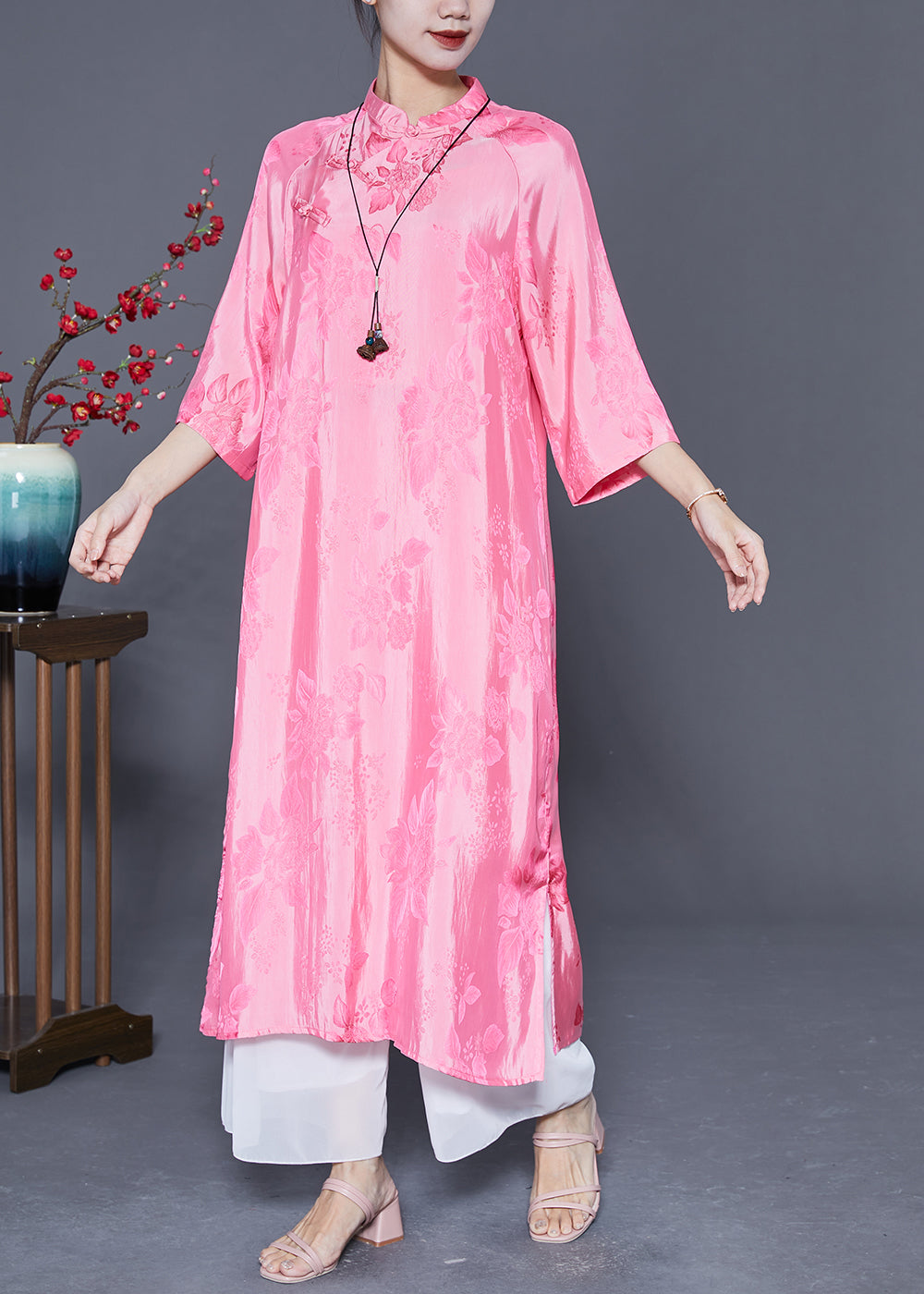 Pink Mandarin Collar Chinese Button Jacquard Silk Dress Summer