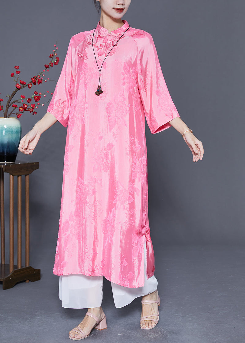 Pink Mandarin Collar Chinese Button Jacquard Silk Dress Summer