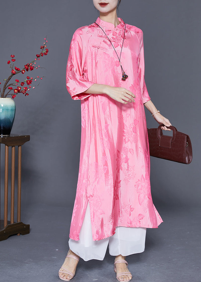 Pink Mandarin Collar Chinese Button Jacquard Silk Dress Summer