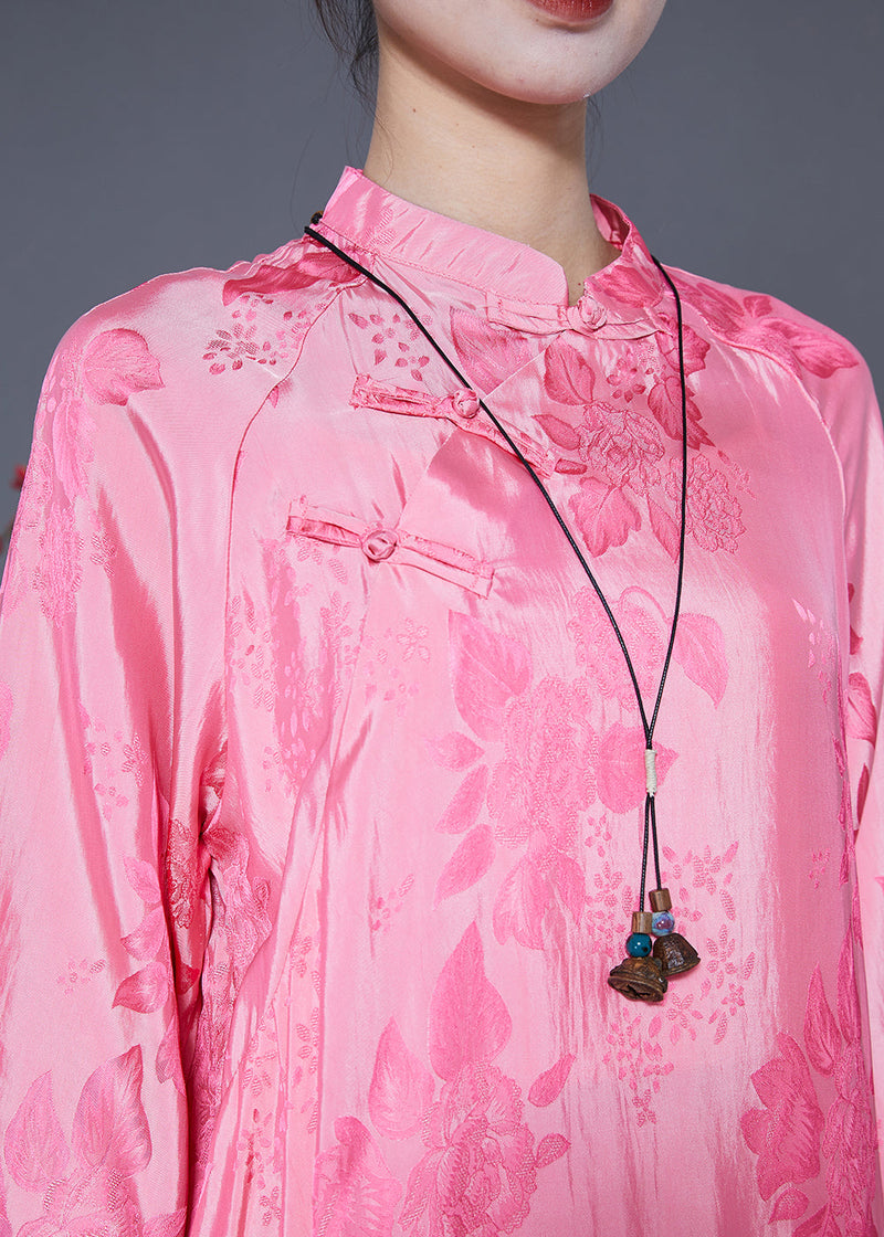 Pink Mandarin Collar Chinese Button Jacquard Silk Dress Summer
