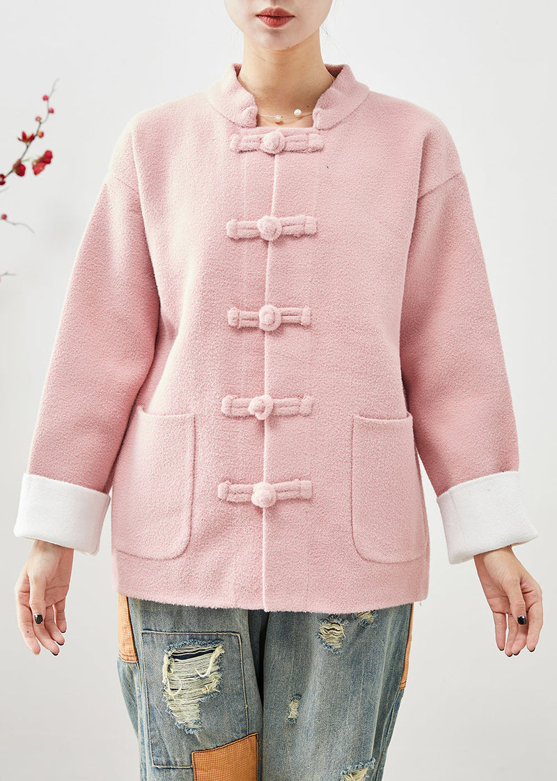 Pink Mandarin Collar Chinese Button Pockets Woolen Coats Fall