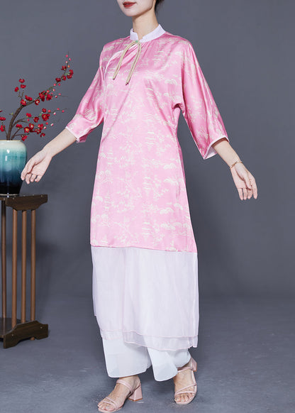 Pink Mandarin Collar Patchwork Tassel Silk Long Dresses Summer