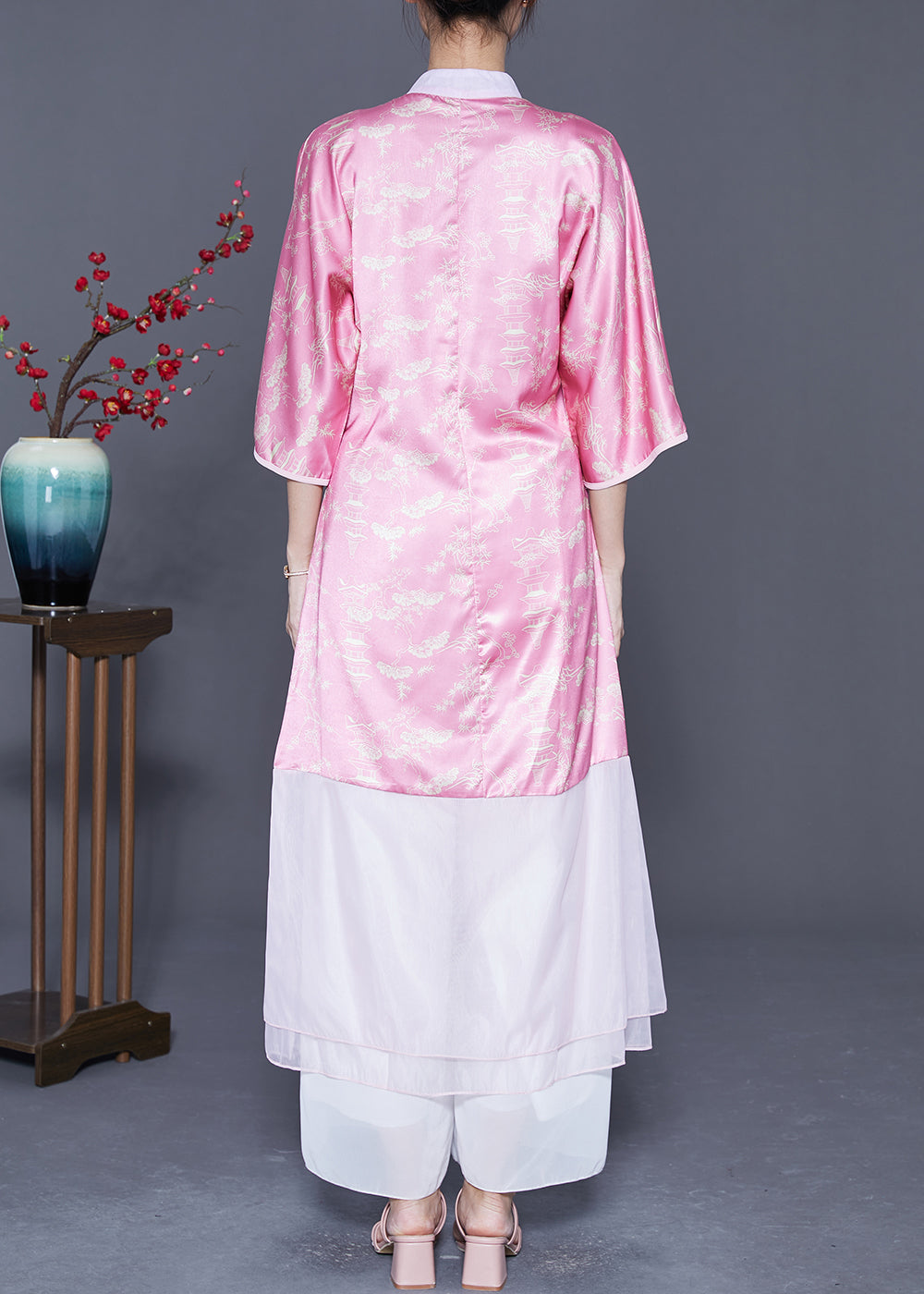 Pink Mandarin Collar Patchwork Tassel Silk Long Dresses Summer