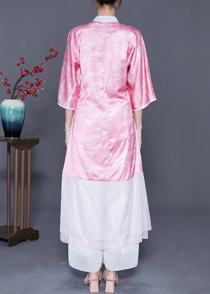 Pink Mandarin Collar Patchwork Tassel Silk Long Dresses Summer