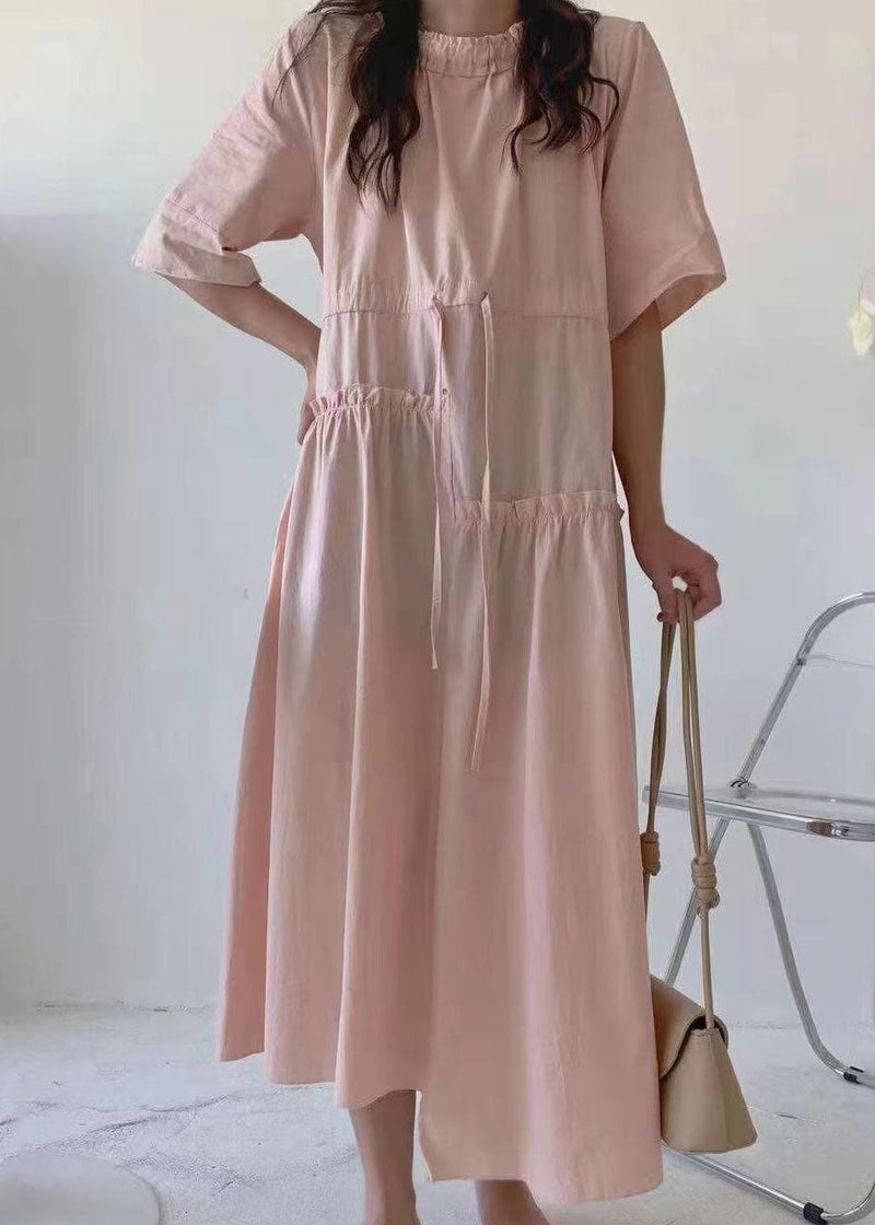 Pink O-neck Asymmetrical Patchwork Cotton Dress Summer