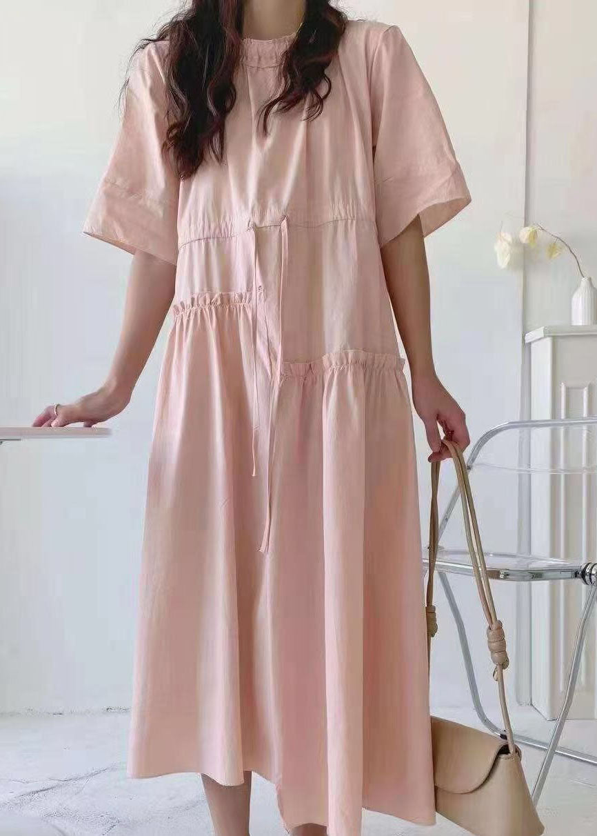 Pink O-neck Asymmetrical Patchwork Cotton Dress Summer