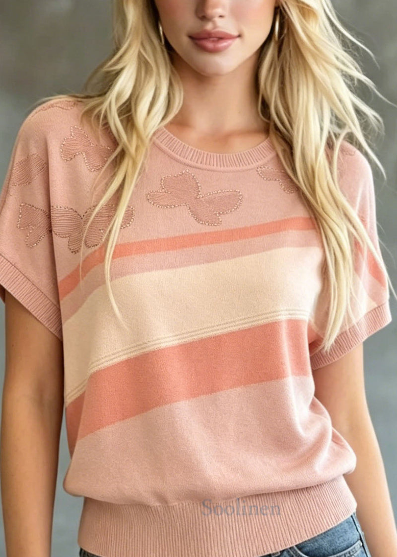 Pink O Neck Butterfly Zircon Knit T Shirts Summer
