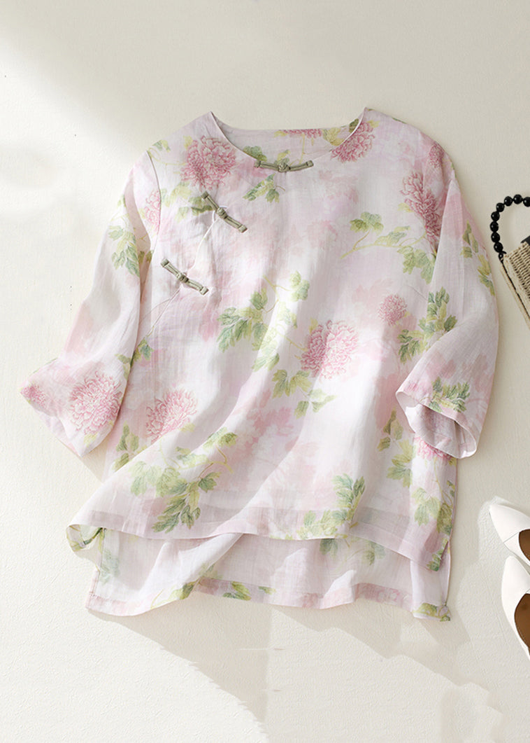 Pink O Neck Button Print Linen Shirts Bracelet Sleeve