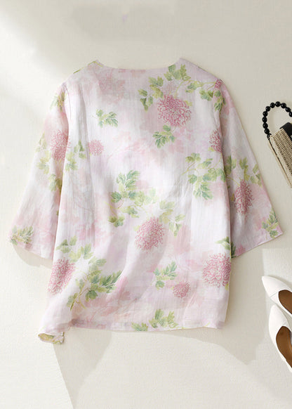 Pink O Neck Button Print Linen Shirts Bracelet Sleeve