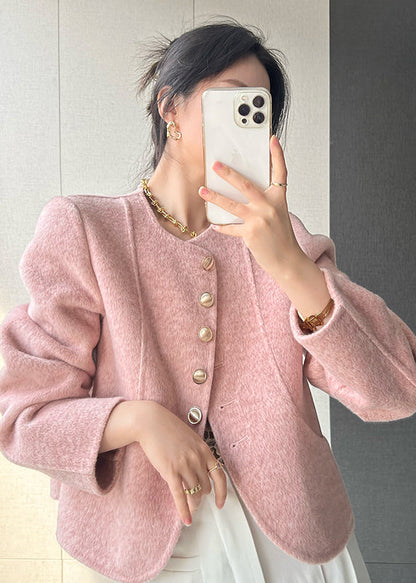 Pink O Neck Button Woolen Short Coat Spring