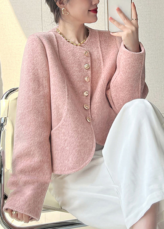 Pink O Neck Button Woolen Short Coat Spring