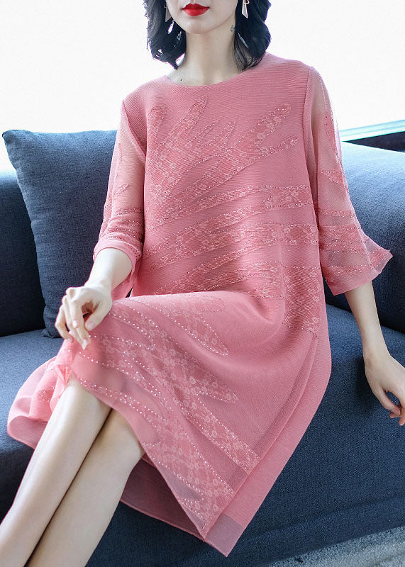 Pink O-neck Embroidered Tulle Maxi Dresses Fall