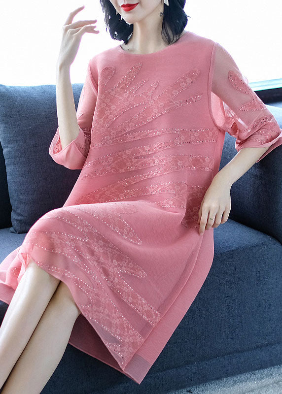 Pink O-neck Embroidered Tulle Maxi Dresses Fall