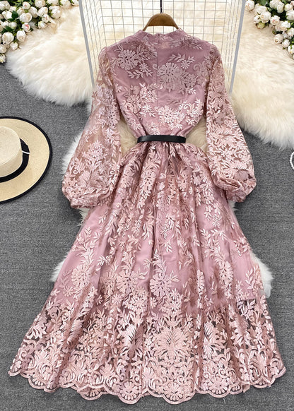 Pink O-neck Embroideried Tunic Sashes Tulle Maxi Dress Lantern Sleeve