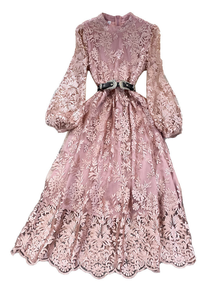 Pink O-neck Embroideried Tunic Sashes Tulle Maxi Dress Lantern Sleeve