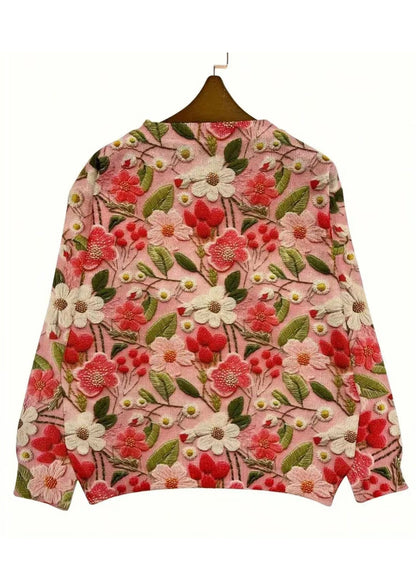 Women Pink O Neck Floral Knitting Cotton Sweaters Spring