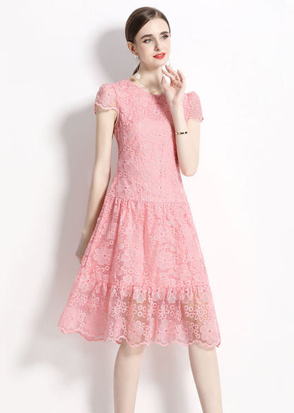Pink O Neck Hollow Out Embroideried Patchwork Lace Dresses Summer