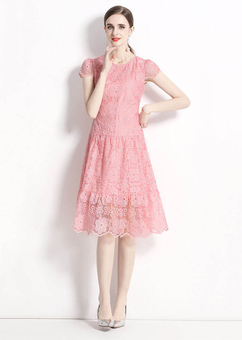 Pink O Neck Hollow Out Embroideried Patchwork Lace Dresses Summer