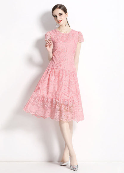 Pink O Neck Hollow Out Embroideried Patchwork Lace Dresses Summer