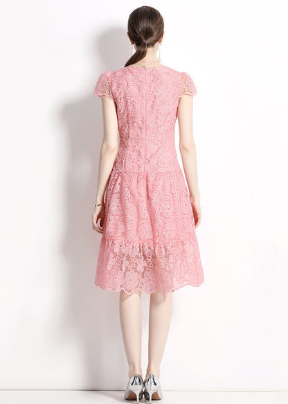 Pink O Neck Hollow Out Embroideried Patchwork Lace Dresses Summer