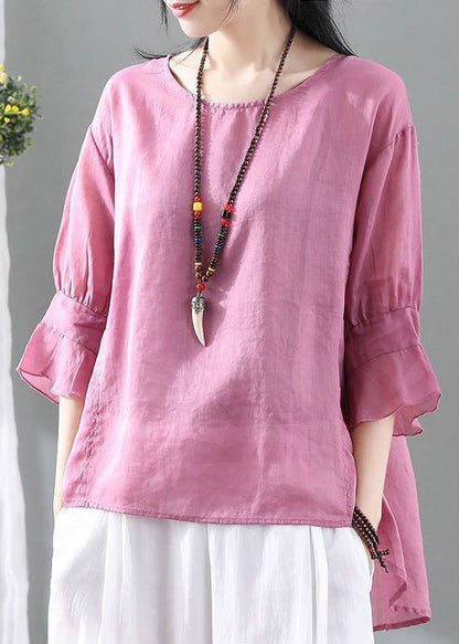 Pink O Neck Low High Design Cotton Tops Summer