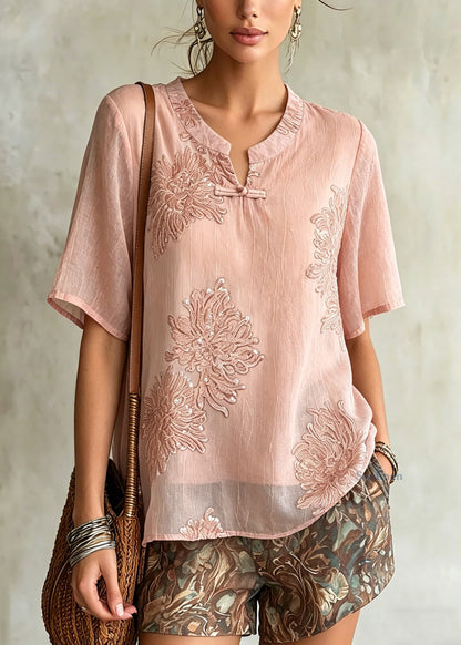 Pink O-neck Patchwork Chiffon Shirt Summer